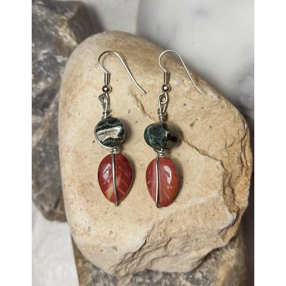 Carved Jasper Leaf Stone Geode Dangle Earrings